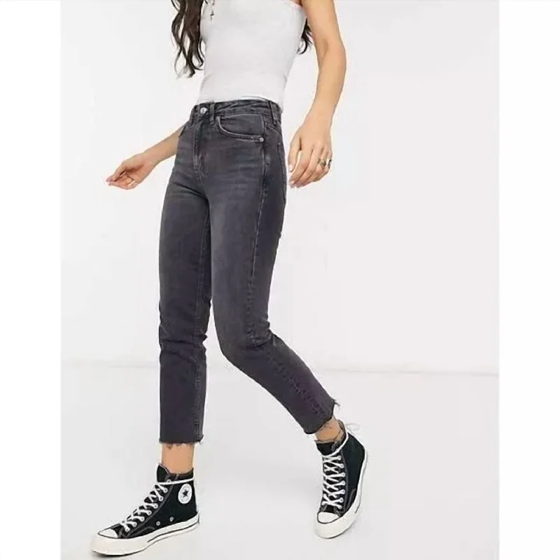 Straight Jeans for Classic Style -Moto High Waist Raw Hem Straight Leg Jeans In Grey