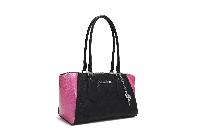 Handle bags with soft linings for protection -Black with Winkle Pink Sparkle Safari Tote