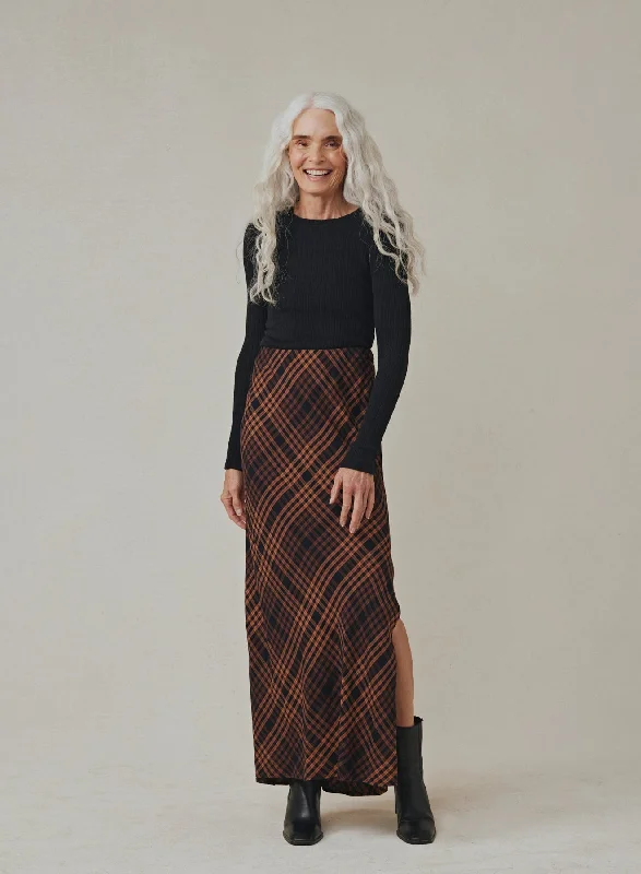 Wool Dresses for Warmth -Side Slit Bias Maxi Skirt - Autumn Ember Plaid