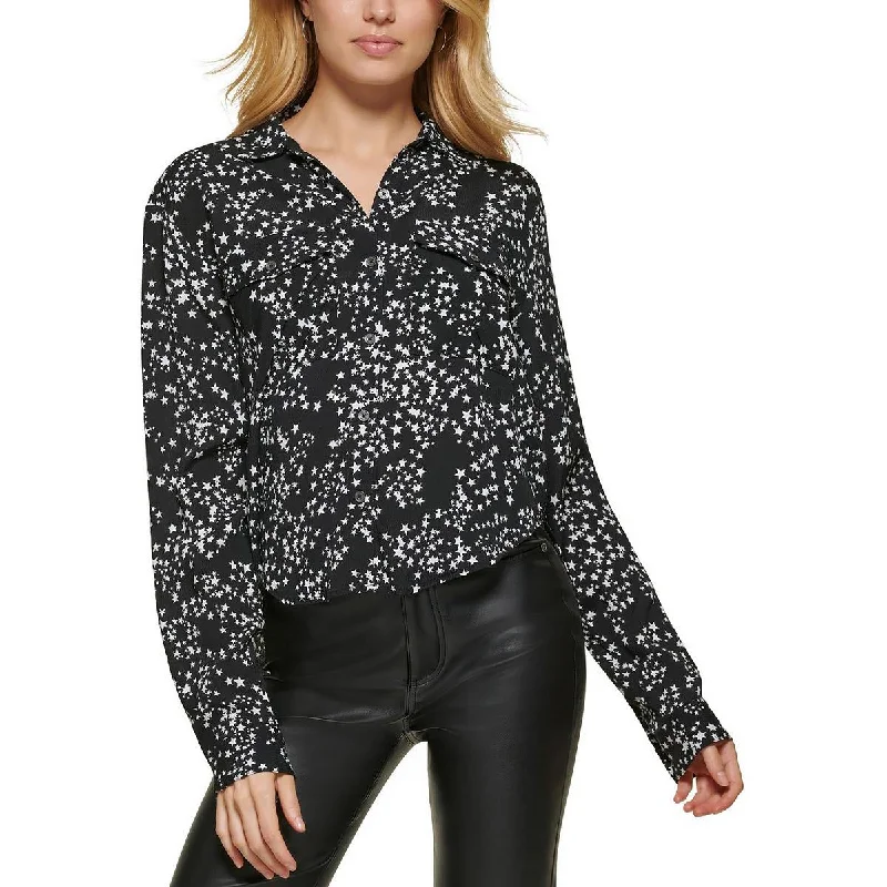 Straight Jeans for Classic Style -DKNY Jeans Womens Print Collared Button-Down Top