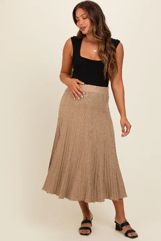 Long-sleeved Dresses for Coverage -Mocha Ribbed Knit A-Line Midi Maternity Skirt