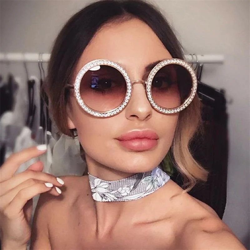 Animal Print Glasses for Fun Look -Luxury Italian Retro Style Female Metal Round Sunglasses with Crystal