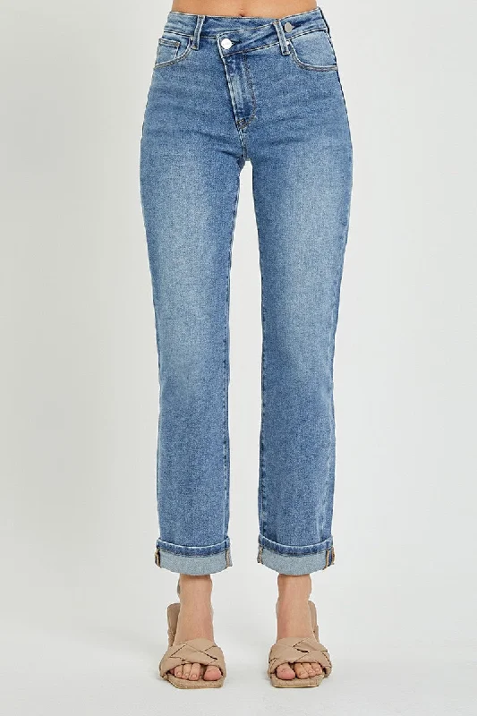 Leather Trim Jeans for Luxury -Risen Cross Over Straight Leg Jeans