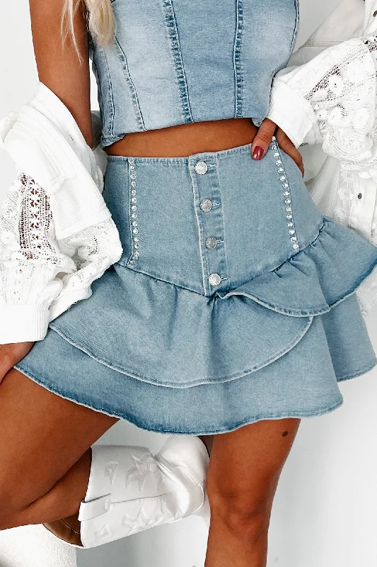 Tiered Dresses for Voluminous -Undisputably Cute Ruffled Denim Mini Skirt (Medium Wash)