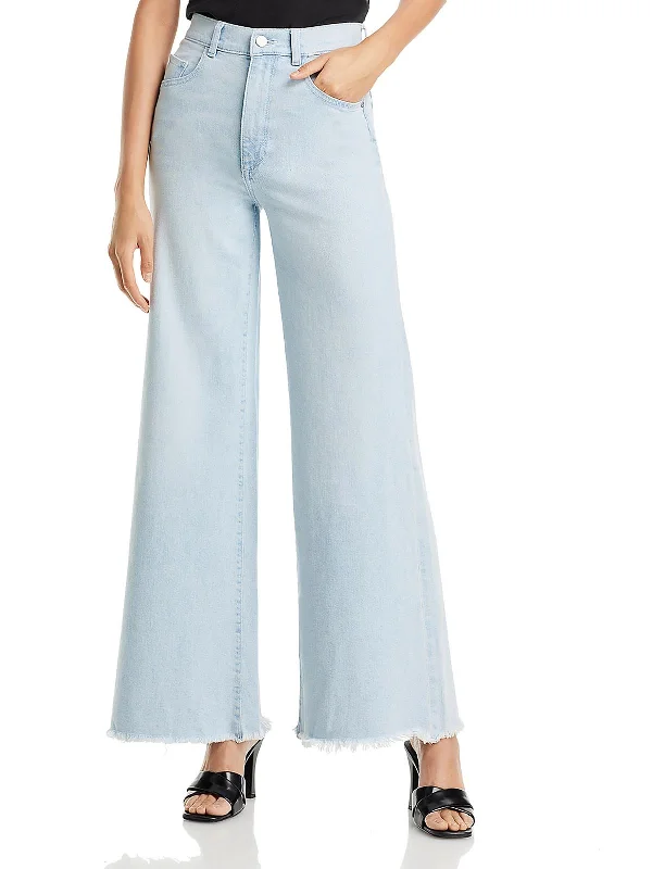 Metal Button Jeans for Classic -Womens High Rise Frayed Hem Wide Leg Jeans