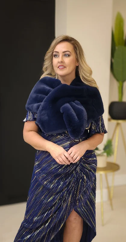 Handle bags with floral embroidery for detail -Anna Navy Fur Wrap