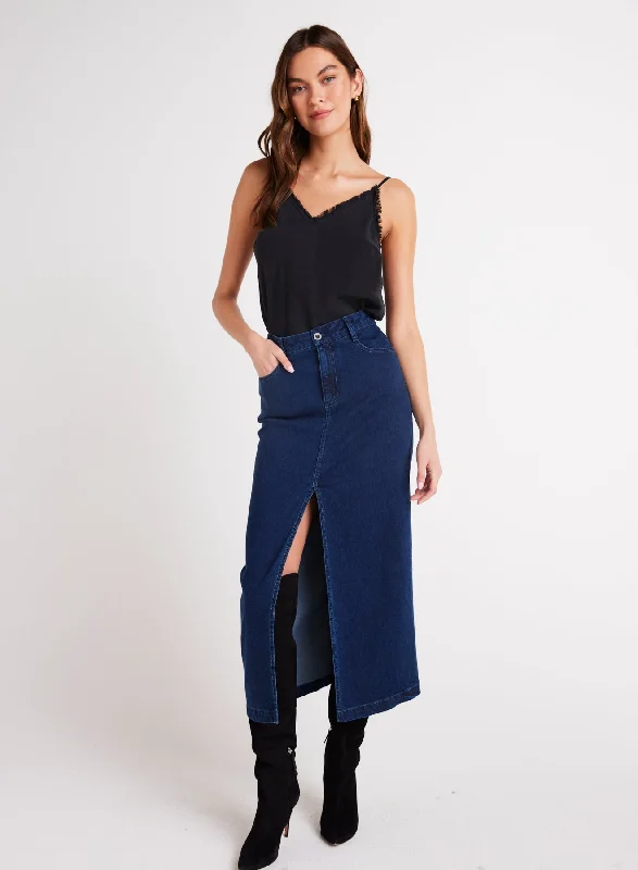 Belted Dresses for Shaping -Gia Front Slit Maxi Skirt - Indigo Twilight Wash