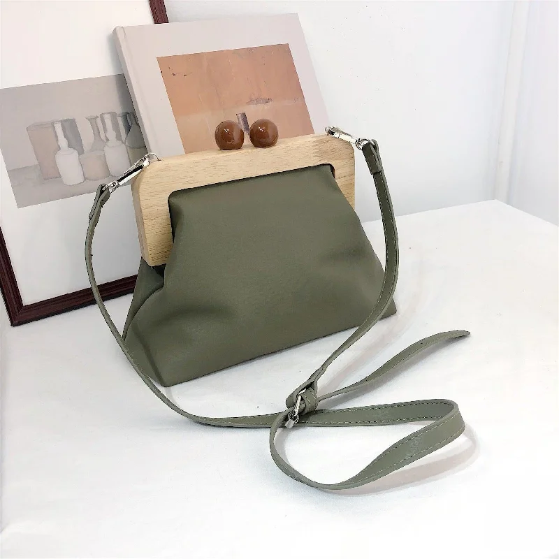 Foldable handle bags for easy storage convenience -Soft Leather Assembling Wooden Clip Clutch Handbag