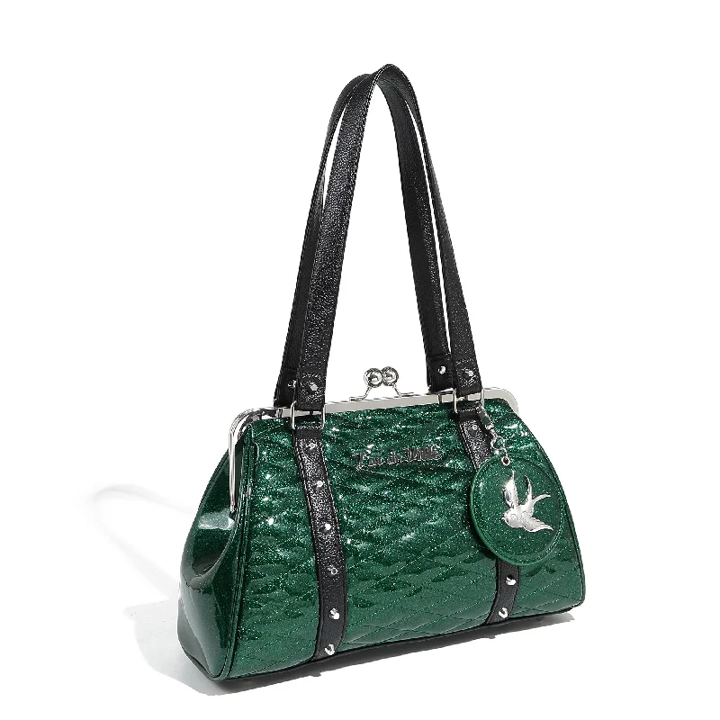 Handle bags with thick handles for support -Venus Green Sparkle Love Bird Kiss Lock