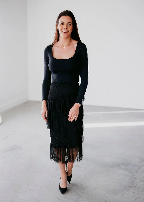 Midi Dresses for Versatile Wear -Lea Asymmetrical Fringe Lace Skirt