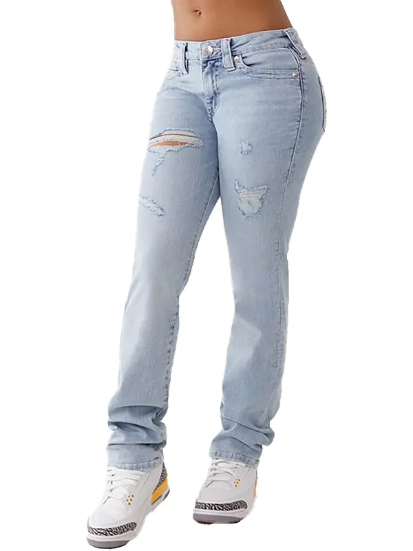 Father's Day Jeans for Present -Womens Mid-Rise Destroyed Straight Leg Jeans