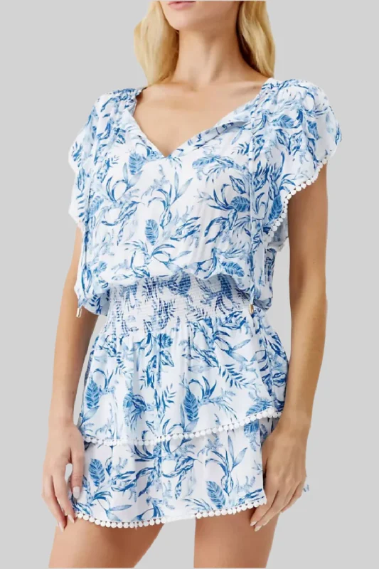 One-piece Dress for Summer Vacation -Keri Short Dress in Blue Leaf