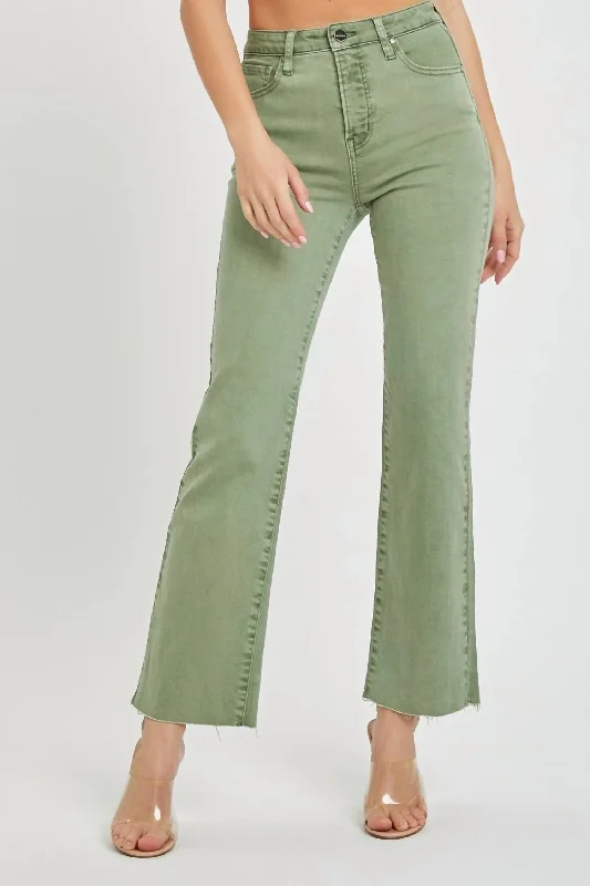 Relaxed Jeans for Comfortable -High Rise Raw Hem Straight Leg Jeans In Olive