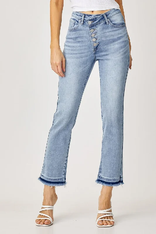 Metal Button Jeans for Classic -Risen High-Rise Cross Over Jeans