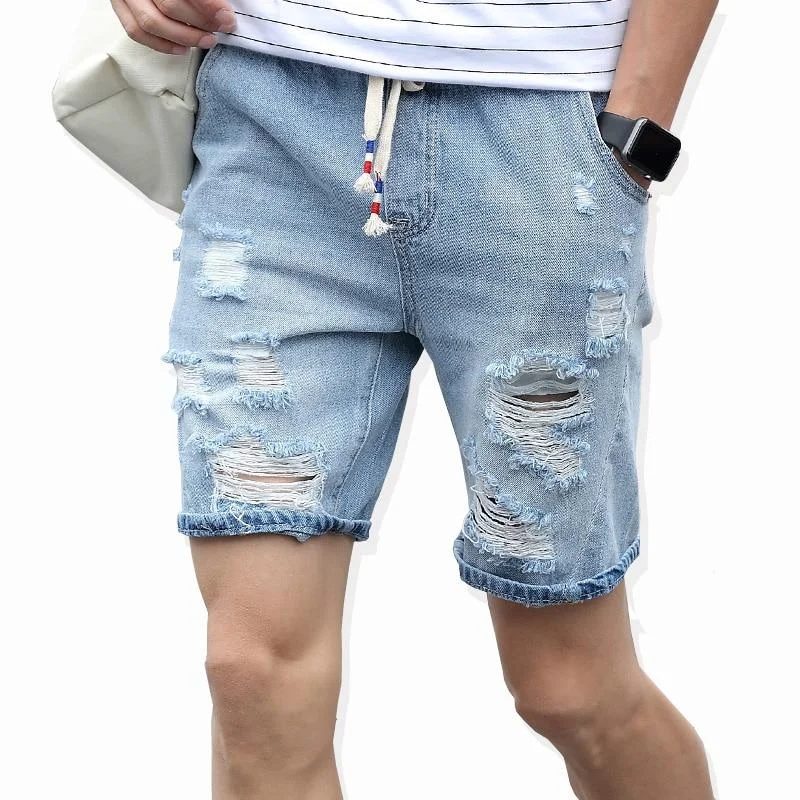 Capri Jeans for Beach Style -Men's Breathable 98% Cotton Fashion Leisure Ripped Short Jeans