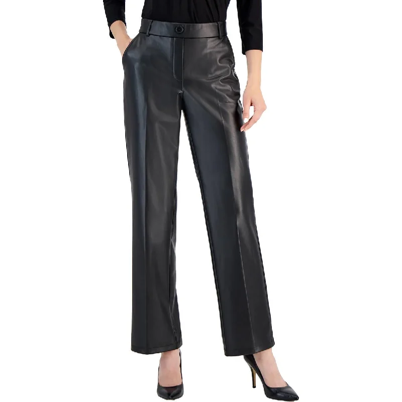 Tight trousers for women with vertical stripes and slimming effect for a sleek look -Petites Womens High Rise Faux Leather Wide Leg Pants