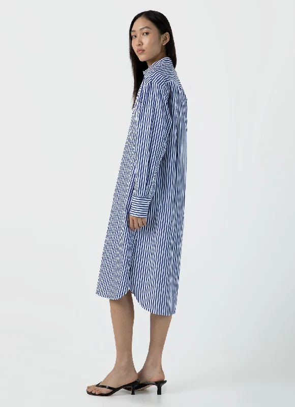 Short Sleeve One-piece Dress for Summer -Women's Cotton Poplin Shirt Dress in Bright Blue/White