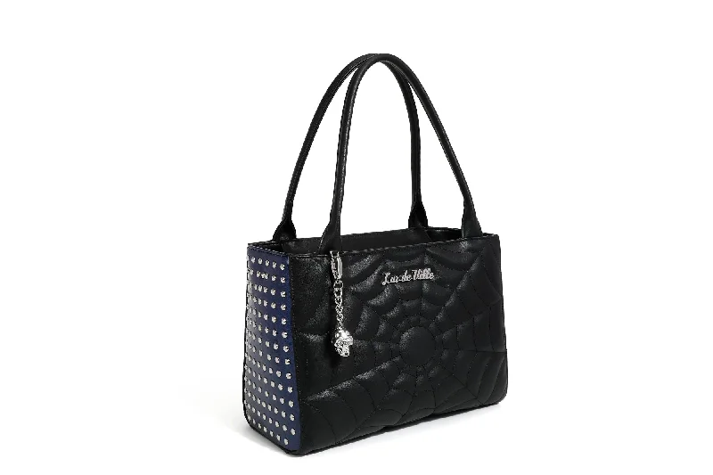 Handle bags with neutral leather for elegance -Black Matte with Royal Blue Sparkle Spider Web Medium Tote