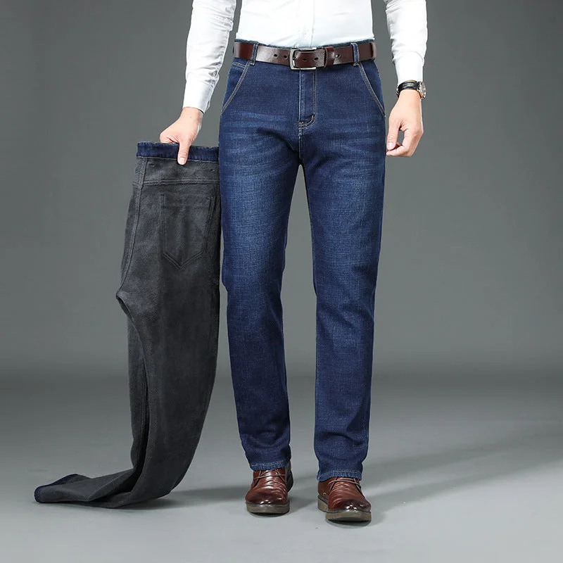 Relaxed Jeans for Comfortable -Fleece Lined Padded Warm Keeping Straight Jeans