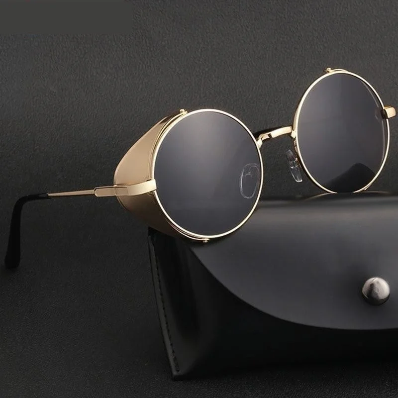 Geometric Glasses for Modern Design -Vintage Punk Style Round Steampunk Round Sunglasses with a Bag