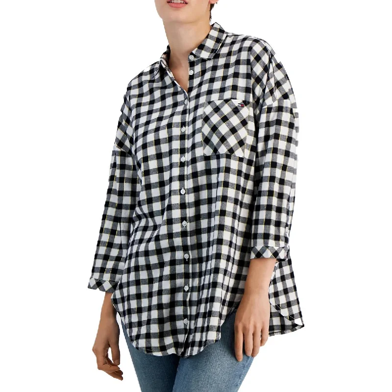 Travel Jeans for On-the-go -Tommy Jeans Womens Plaid Metallic Button-Down Top