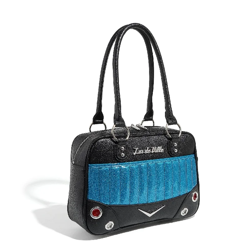 Handle bags with padded handles for comfort -Black and Villain Blue Sparkle Hotrod Medium Tote