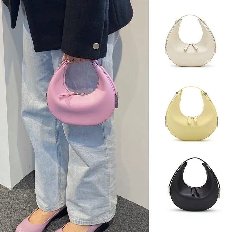 Handle bags with soft fabric for comfort -Crescent Bag Underarm Bag Metal Buckle Small Round Bag