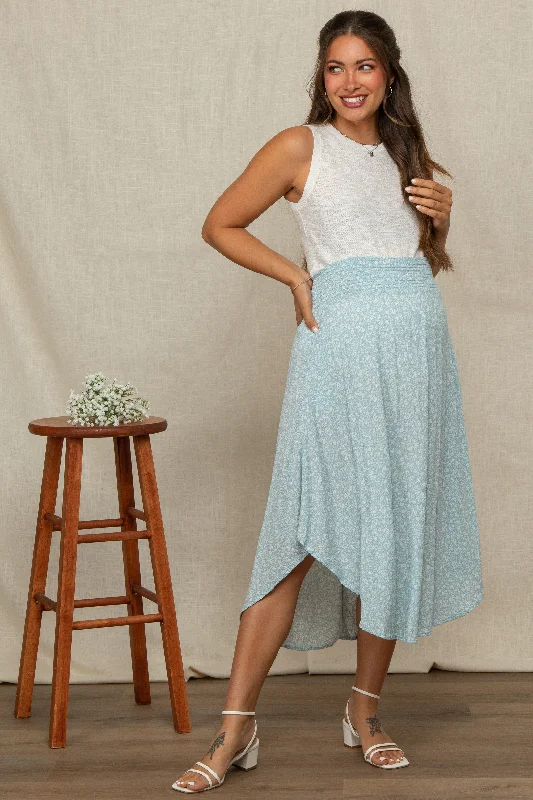 Animal Print Dresses for Fun -Light Blue Floral Smocked Waist Maternity Midi Skirt