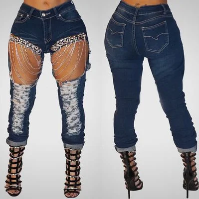 Painted Back Pocket Jeans for Artistic -Women ripped chain jeans big size 2xl skinny jeans