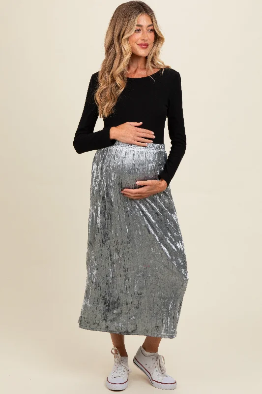 Shift Dresses for Simple Look -Blue Velvet Crinkled Maternity Midi Skirt