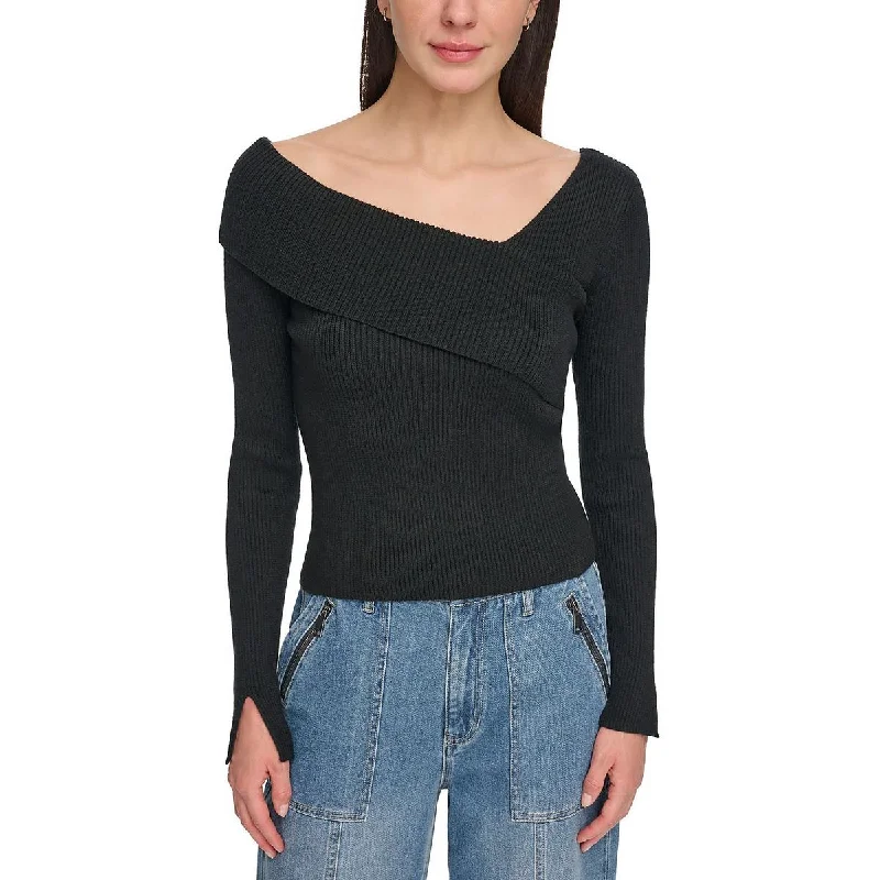 Leather Trim Jeans for Luxury -DKNY Jeans Womens Ribbed Asymmetrical Neck Pullover Sweater