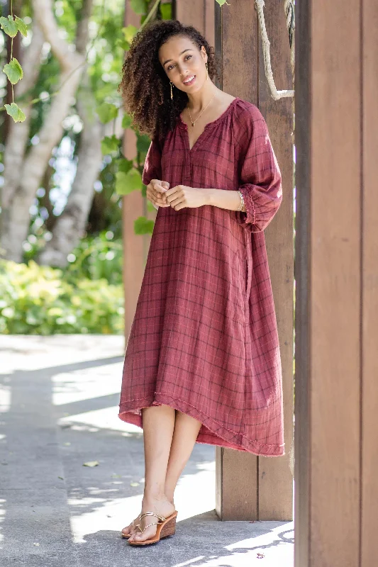 One-piece Dress for Business Meeting -Chiang Mai Wine Burgundy Tunic-Style Dress from Thailand