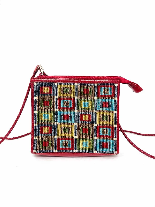 Handle bags with bohemian tassel embellishments -Brighton Red/Multi Squares Beaded AS IS Designer Purse