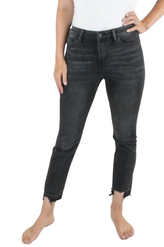 Leather Trim Jeans for Luxury -High Rise Straight Leg Jeans In Washed Black