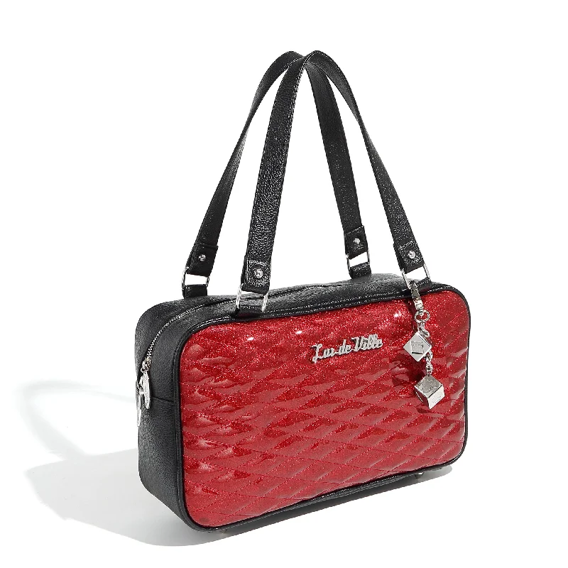 Designer handle bags with luxury logo detailing -Black and Red Rum Sparkle Speedster Tote