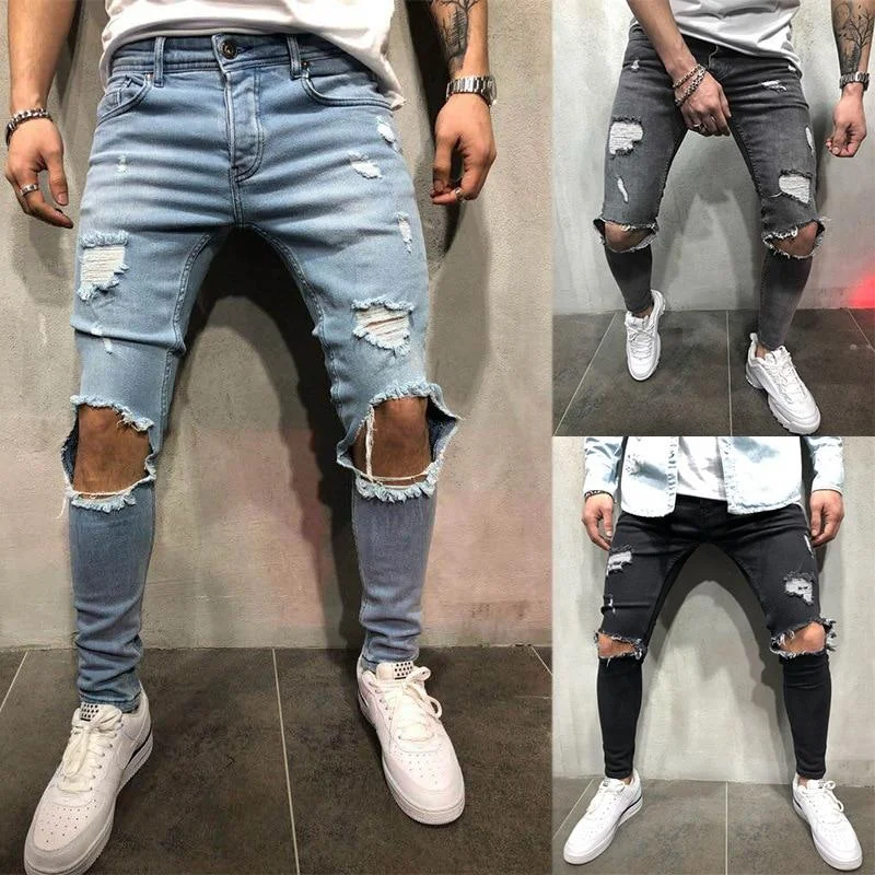 Straight Jeans for Classic Style -Fashion Streetwear Vintage Blue Color Skinny Destroyed Ripped Men's Jeans