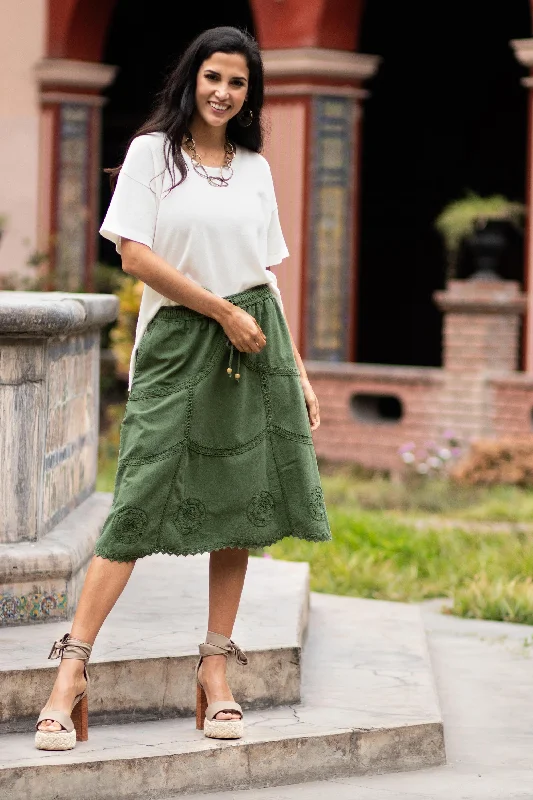 One-piece Dress for Father's Day -Andean Fields Embroidered Laurel Green Cotton Skirt from Peru