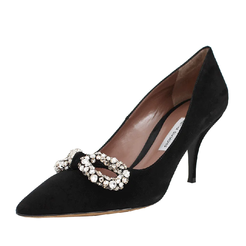 Zipper Fly Jeans for Convenience -Jeanie Suede Crystal Bow Pump