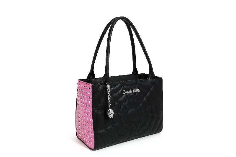 Designer handle bags with luxury logo detailing -Black Matte with Winkle Pink Sparkle Spider Web Medium Tote