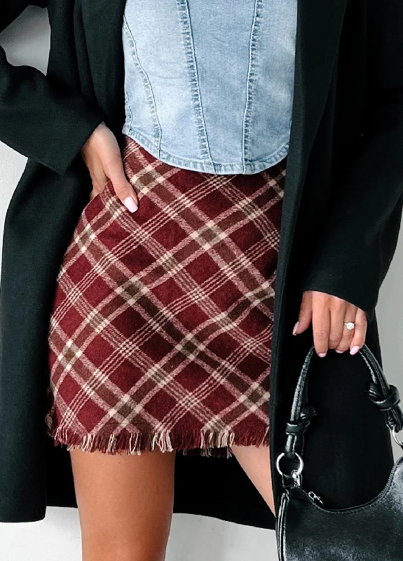 Pencil Dresses for Slimming -Anywhere With You Plaid Skirt (Burgundy Multi)