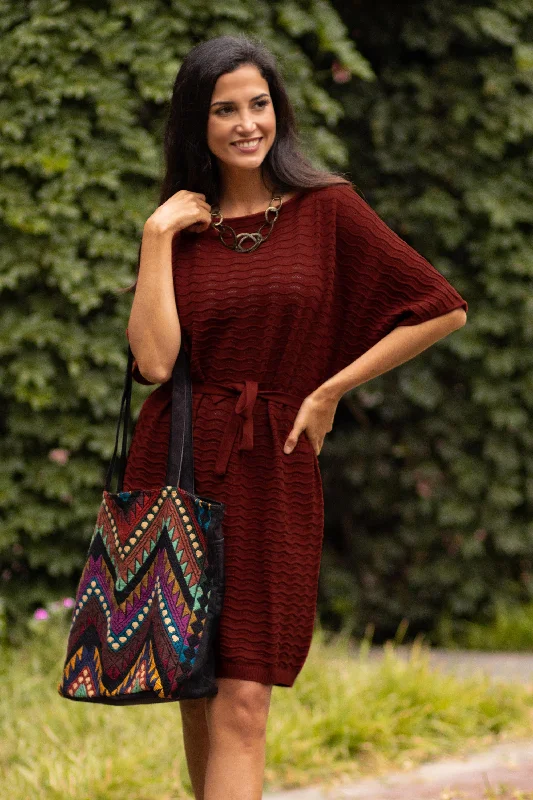 One-piece Dress for Vintage Style -Thalu in Rust Cotton Knitted Belted T-Shirt Dress in Russet Red from Peru