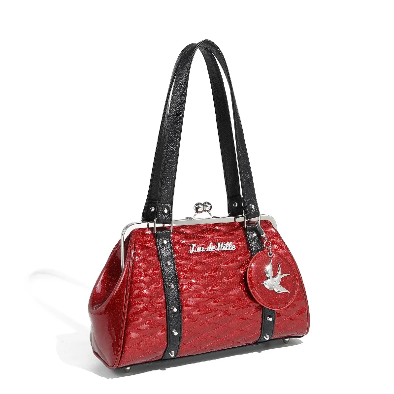 Handle bags with soft leather for luxury -Red Rum Sparkle Love Bird Kiss Lock