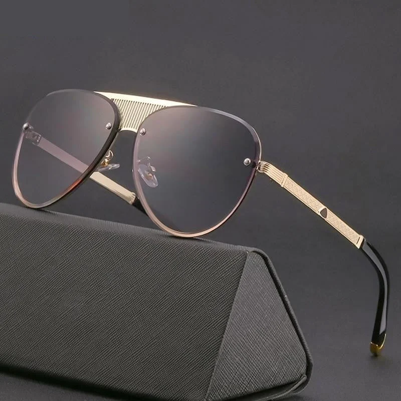 Striped Glasses for Trendy Look -Men's Vintage Fashion Luxury Big Oval Frame Rimless Sunglasses with Box