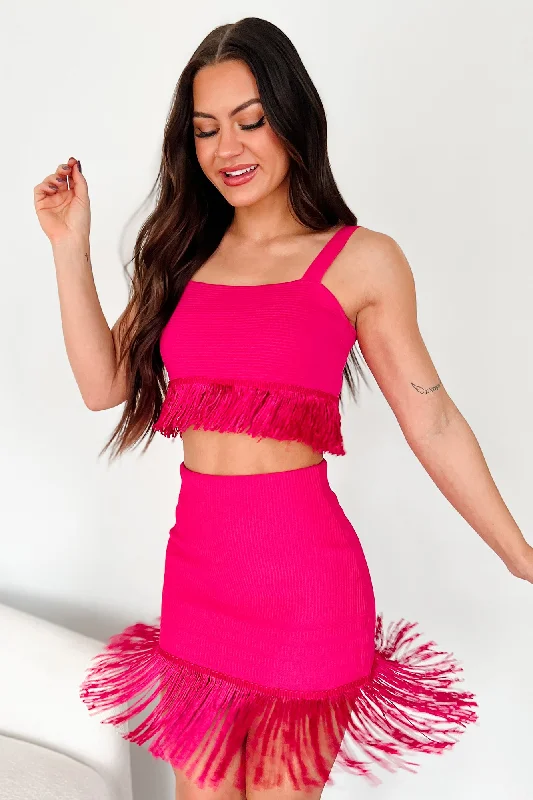 Sheath Dresses for Sophisticated -Spin Me Around Fringe Two-Piece Set (Fuchsia)