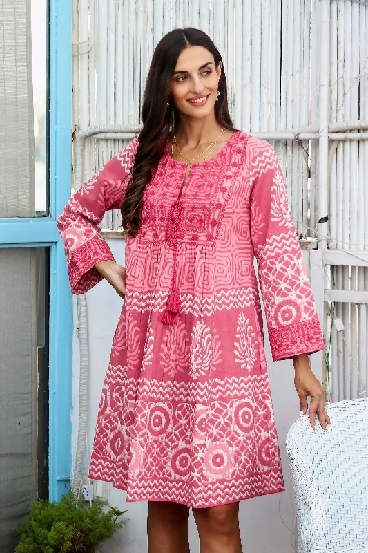 One-piece Dress for Beach Trip -Petal Pink Embroidered Cotton A-Line Dress from India