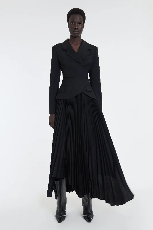 A-line Dresses for Flattering -Maxi Pleated Asymmetric Skirt With Basque Detail Black