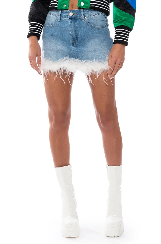 Valentine's Day Dresses for Romance -SWEETHEART FEATHER DETAIL DENIM MINI SKIRT