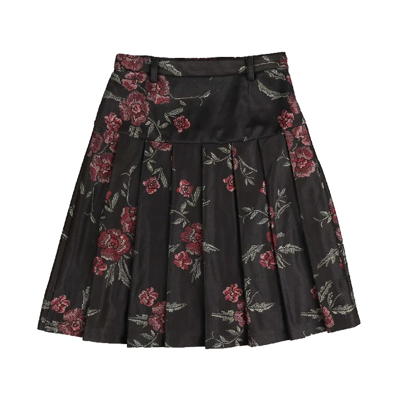 Zippered Dresses for Convenience -Belati Black Floral Pleated Skirt (BSK335)