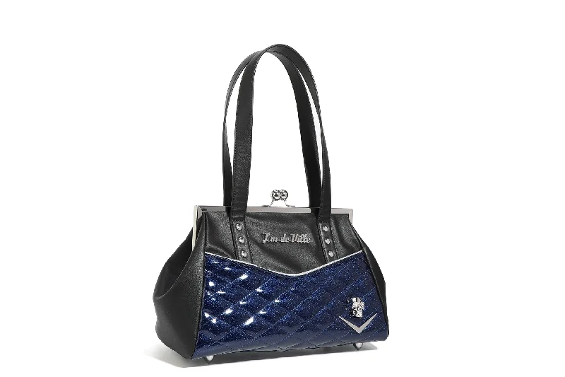 Handle bags with soft leather for luxury -Black & Royal Blue Sparkle Femme Fatale Kiss Lock