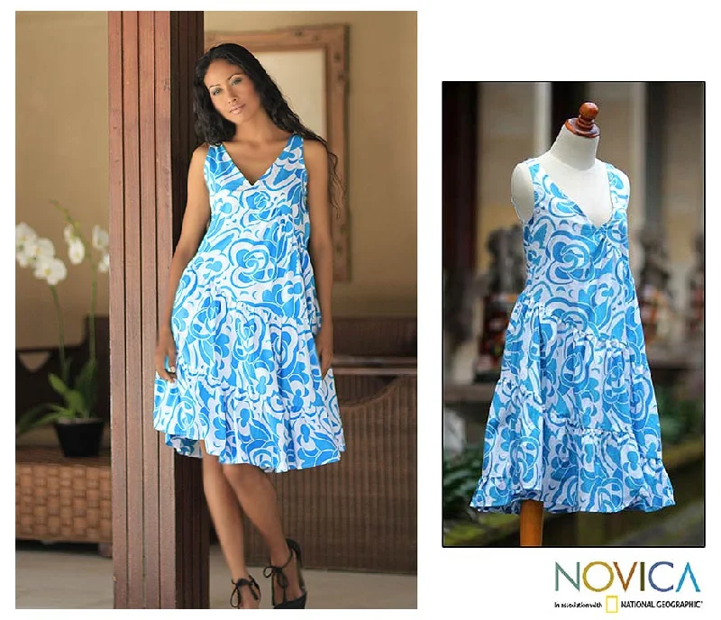 Nylon One-piece Dress for Stretch -Balinese Sea Blue Cotton Batik Dress